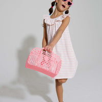 tween girls cotton shift dress in pink and rust stripes with ruffle neckline