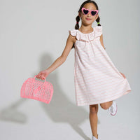 tween girls cotton shift dress in pink and rust stripes with ruffle neckline