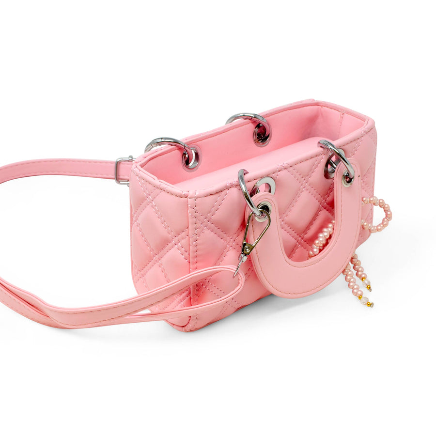 Quilted Rectangle Bow Charm Handbag: Pink