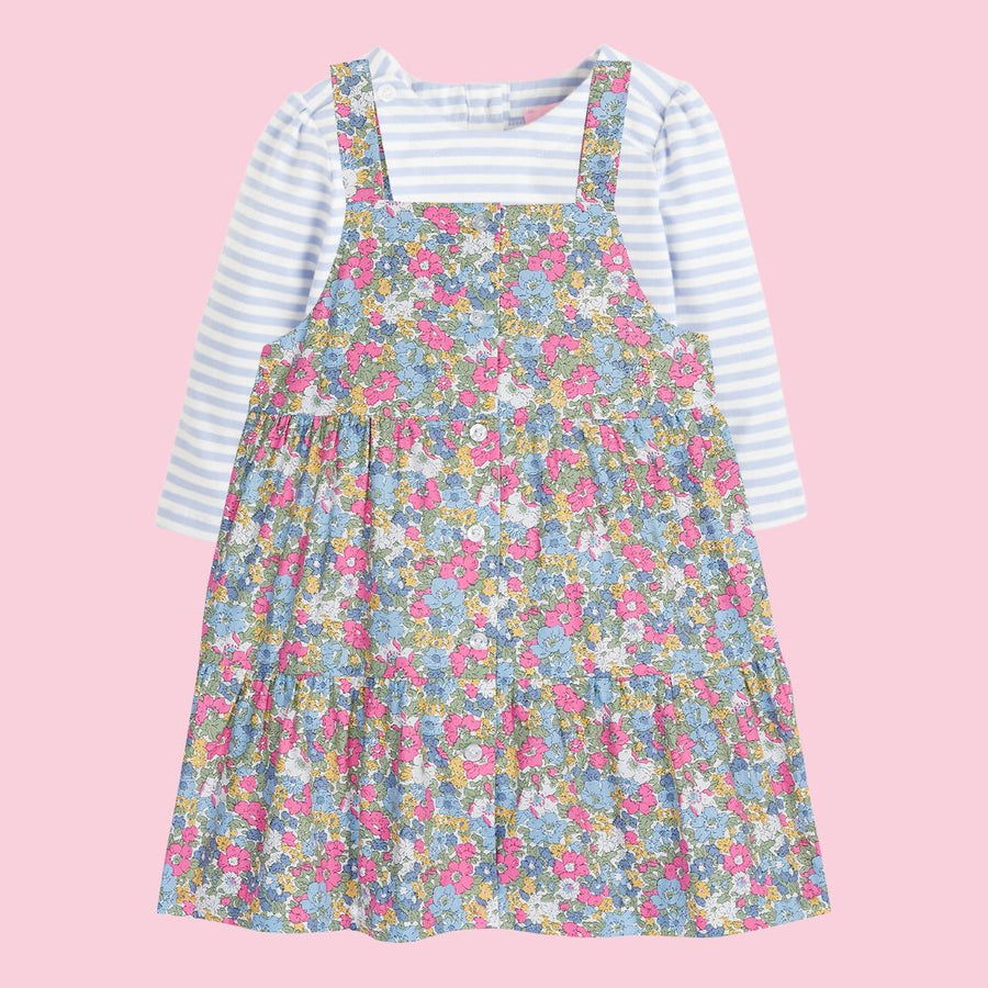 Our rosie Blouse in Blue Stripe paired with our Merion Floral Beatrice Pinafore Dress