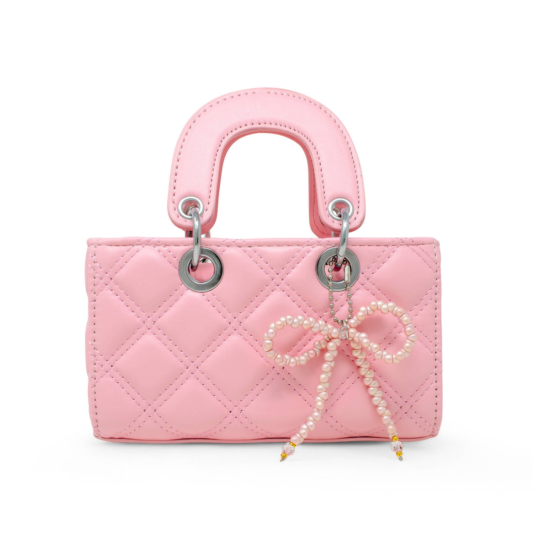 Quilted Rectangle Bow Charm Handbag: Pink