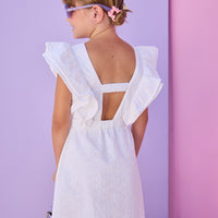 Model can be seen wearing a white woven embroidery material. Dress features big angel sleeve detail and almost full open back for an elevated look. 