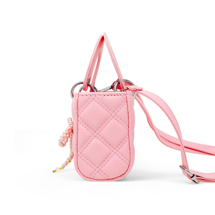 Quilted Rectangle Bow Charm Handbag: Pink