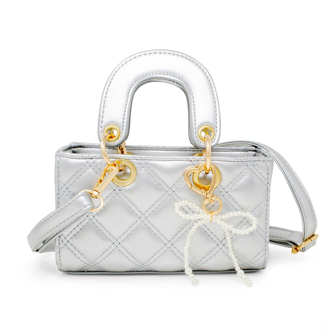 Quilted Rectangle Bow Charm Handbag: Silver