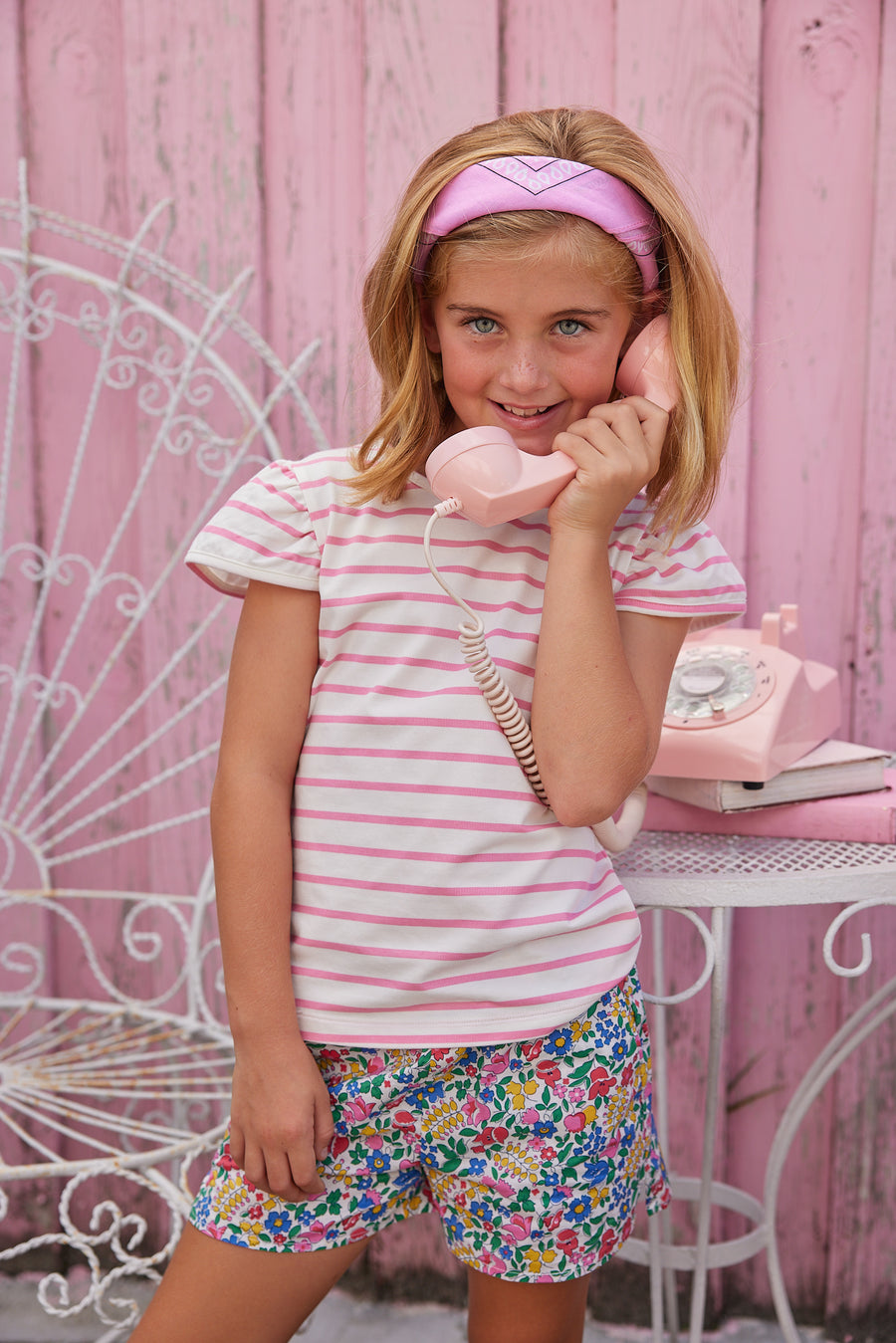 BISBY girl Rosie Short Set in Tulip Garden. Top is pink and white stripe with angel sleeve paired with our shorts in our Tulip Garden colorful floral