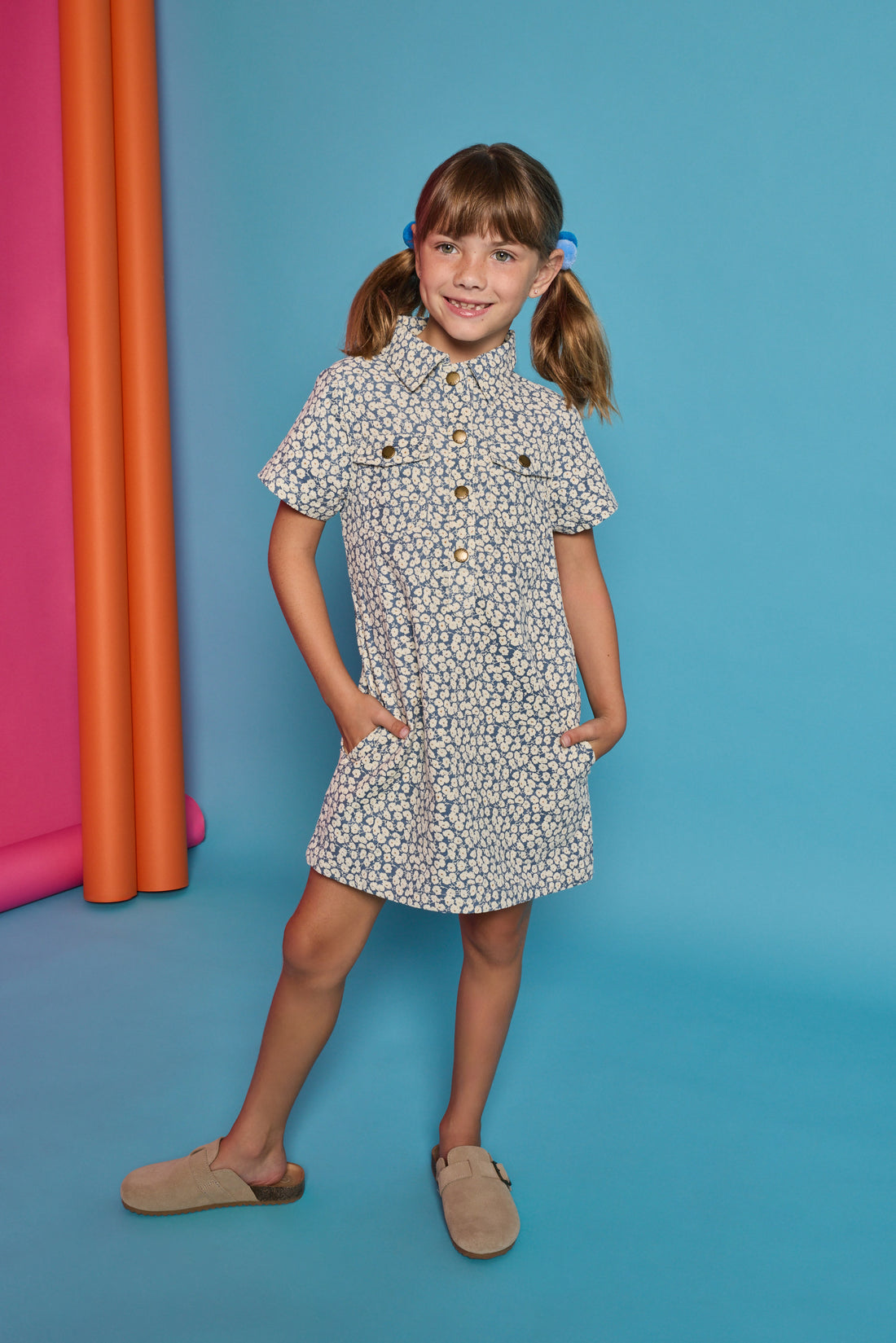 Safari Popover Dress - French Blue Floral Corduroy
