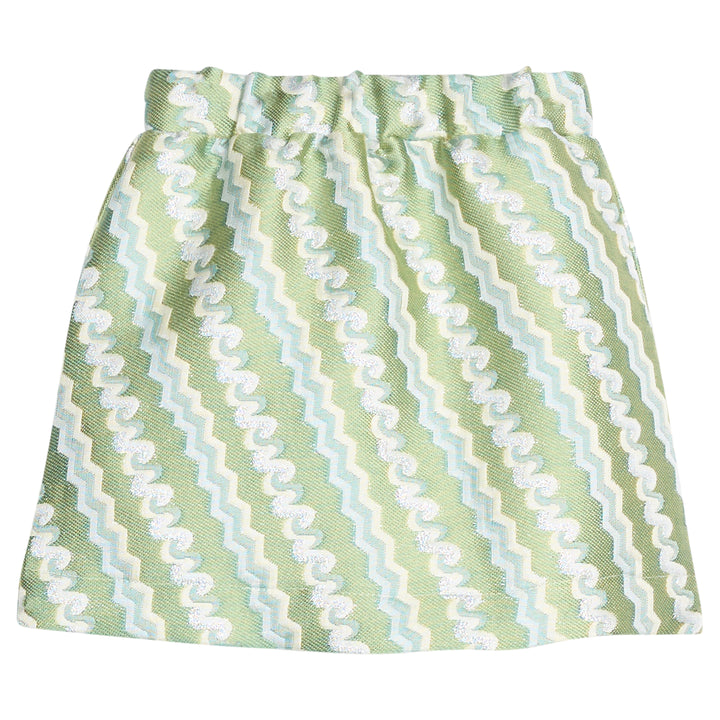 Mini skort that features an elastic waist and built in shorts for a relaxed but secure fit. Skort also features a gorgeous teal and silver squiggle pattern detail on a lime green background. 