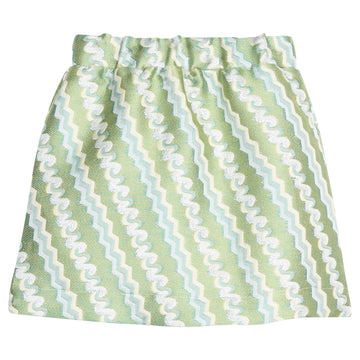 Mini skort that features an elastic waist and built in shorts for a relaxed but secure fit. Skort also features a gorgeous teal and silver squiggle pattern detail on a lime green background. 
