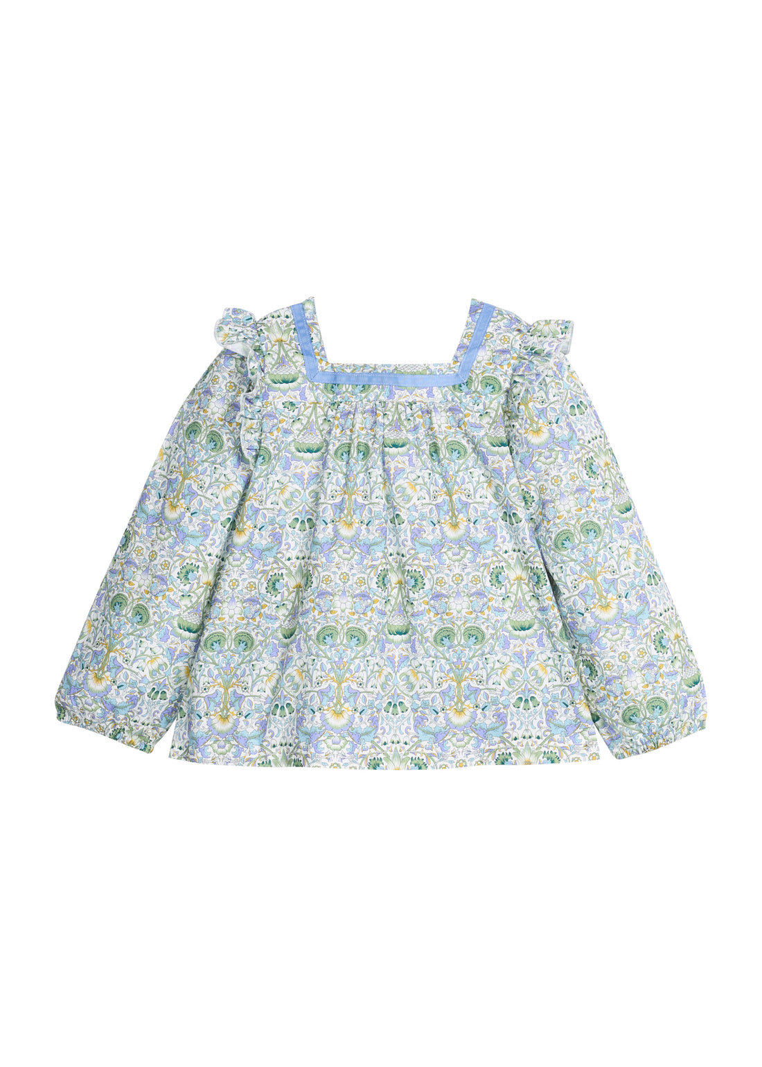 Woven long sleeve square neck top that features a light blue ribbon detail along neckline and elastic cuffs at sleeves for a relaxed but secure fit. Top is also seen to be in  a gorgeous blue/green/white floral pattern.