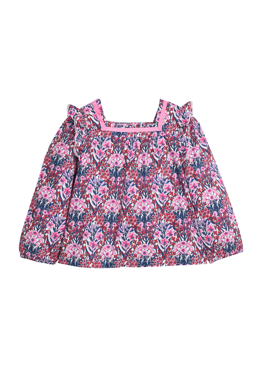 Girls pink and navy floral patterned blouse that features a ribbon detail along neckline and elastic cuffs at sleeves for a secure but relaxed fit. 