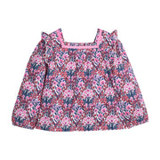 Girls pink and navy floral patterned blouse that features a ribbon detail along neckline and elastic cuffs at sleeves for a secure but relaxed fit. 