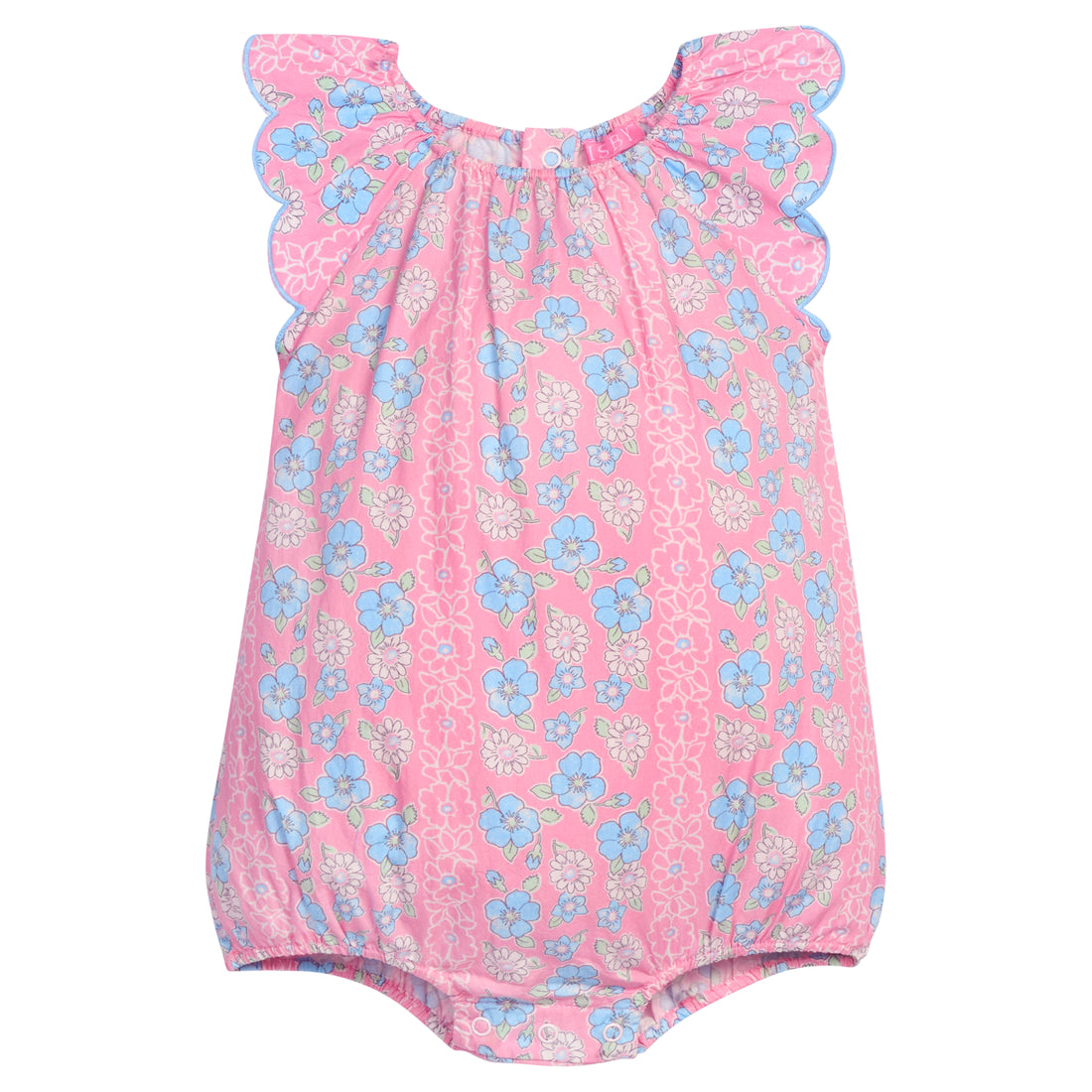 BISBY Baby girl woven bubble in a pink/blue/white floral pattern. Bubble features button closure along back and stride and scallop detail at sleeves for an elevated look. 