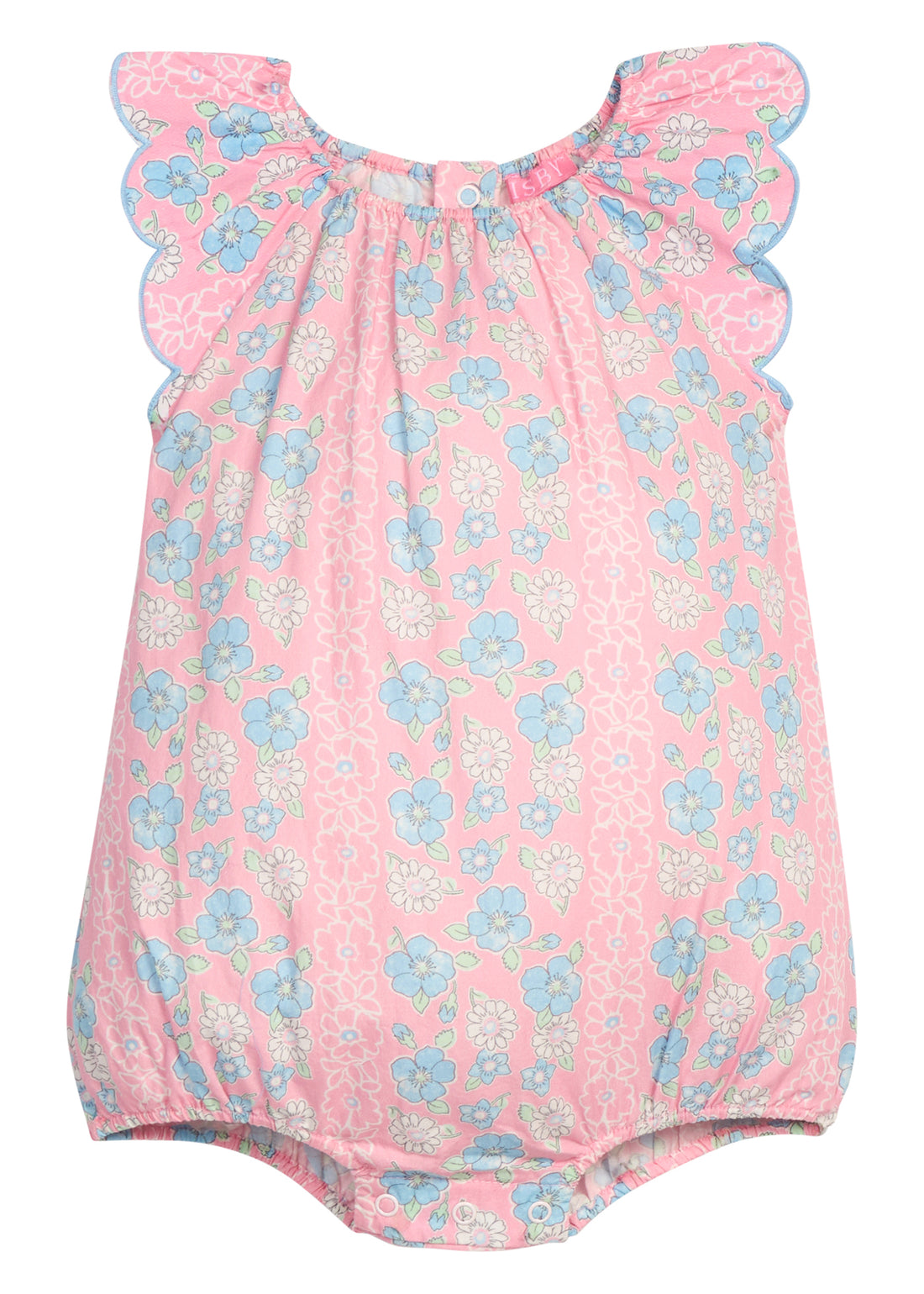 BISBY Baby girl woven bubble in a pink/blue/white floral pattern. Bubble features button closure along back and stride and scallop detail at sleeves for an elevated look.