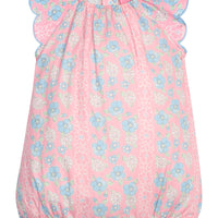 BISBY Baby girl woven bubble in a pink/blue/white floral pattern. Bubble features button closure along back and stride and scallop detail at sleeves for an elevated look.