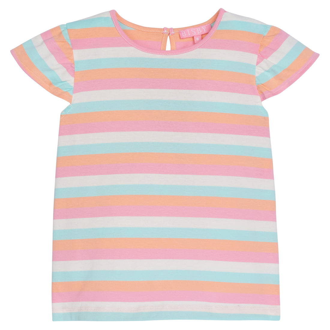 Girl angel sleeve tee with light pink, orange, white, and aqua stripe