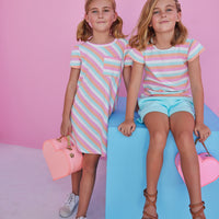 pink, orange, and aqua striped tshirt for girls with matching aqua textured shorts and striped t shirt dress for girls with front pocket