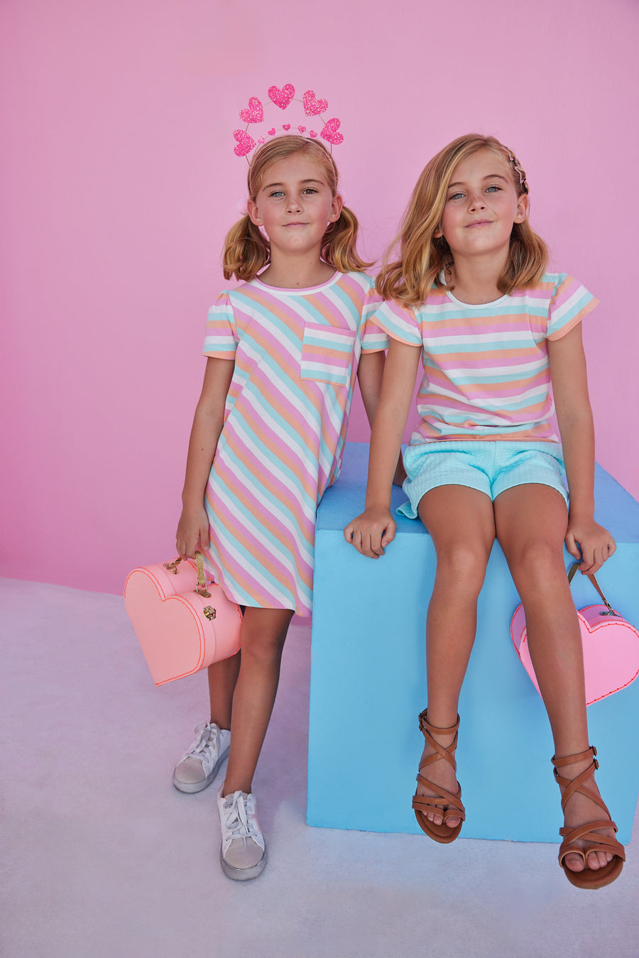 striped tshirt dress for girls aqua, orange, and pink stripes. matching angel sleeve striped shirt and aqua shorts