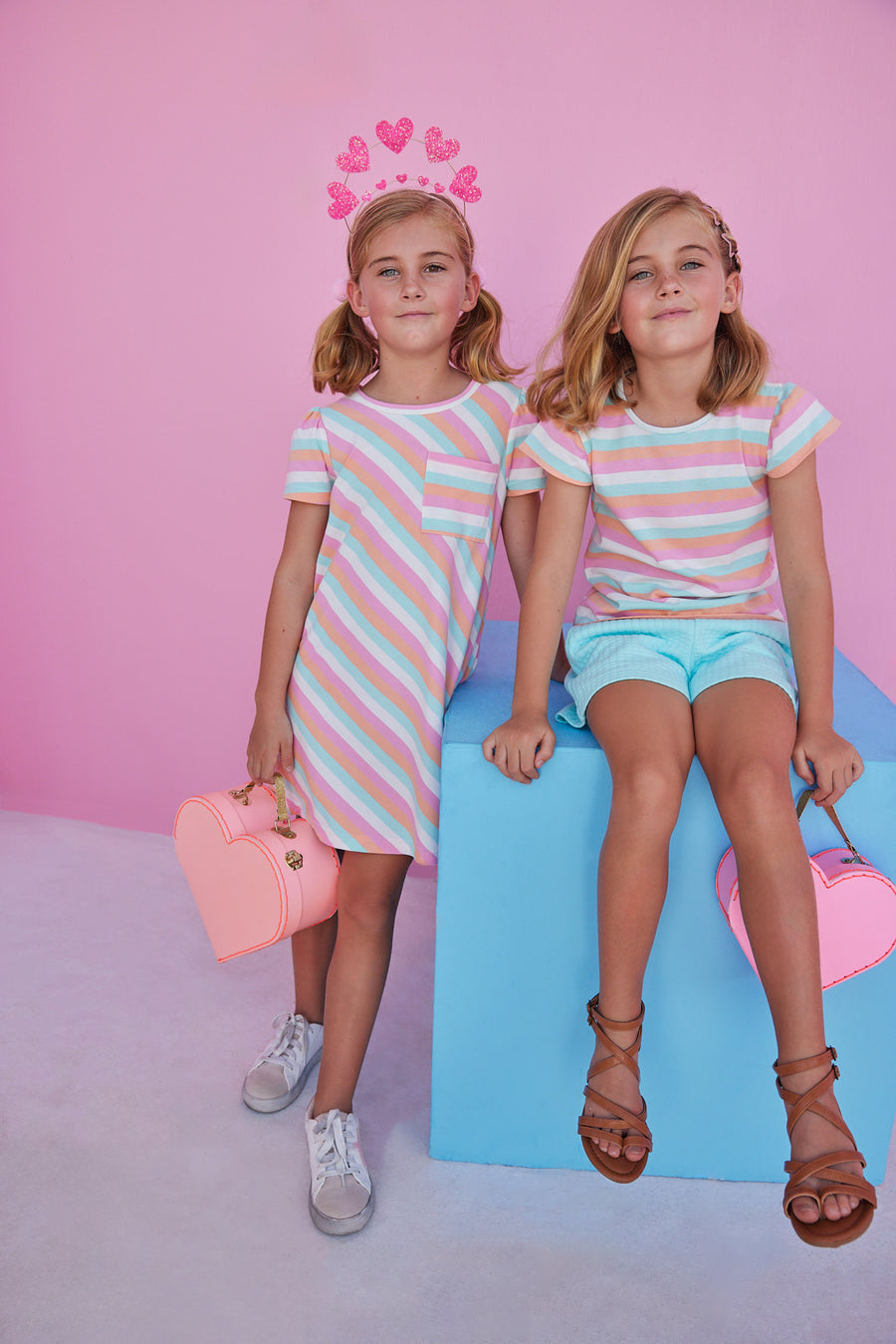 pink, orange, and aqua striped tshirt for girls with matching aqua textured shorts and striped t shirt dress for girls with front pocket