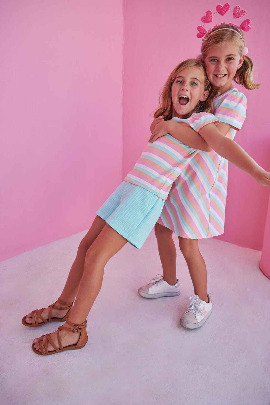 everyday basics for girls. striped tshirt dress for girls and coordinating angel sleeve striped shirt and aqua shorts