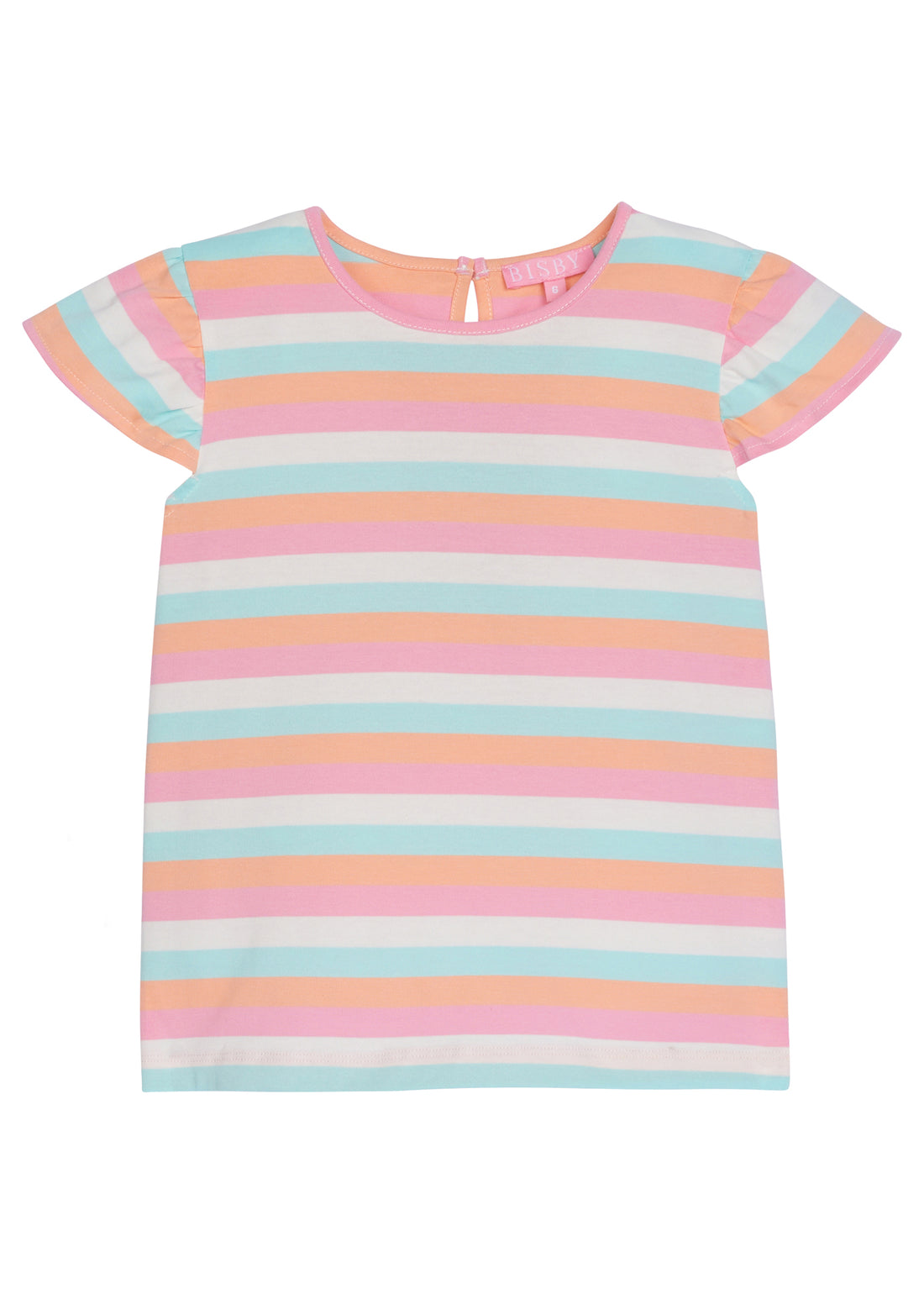 Girl angel sleeve tee with light pink, orange, white, and aqua stripe