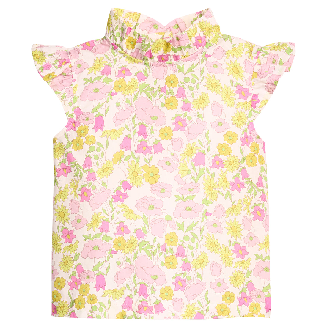 BISBY girl woven top in a pink/yellow floral print. Top features a ruffle neckline, angel sleeves, and three button closure at back of neckline. 