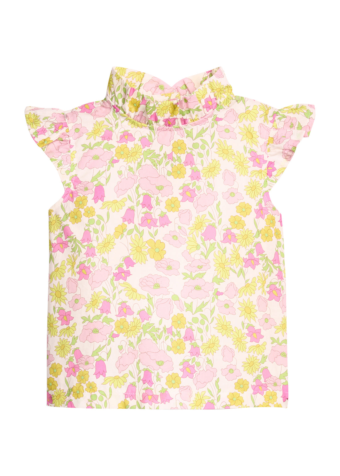 BISBY girl woven top in a pink/yellow floral print. Top features a ruffle neckline, angel sleeves, and three button closure at back of neckline. 