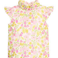 BISBY girl woven top in a pink/yellow floral print. Top features a ruffle neckline, angel sleeves, and three button closure at back of neckline. 