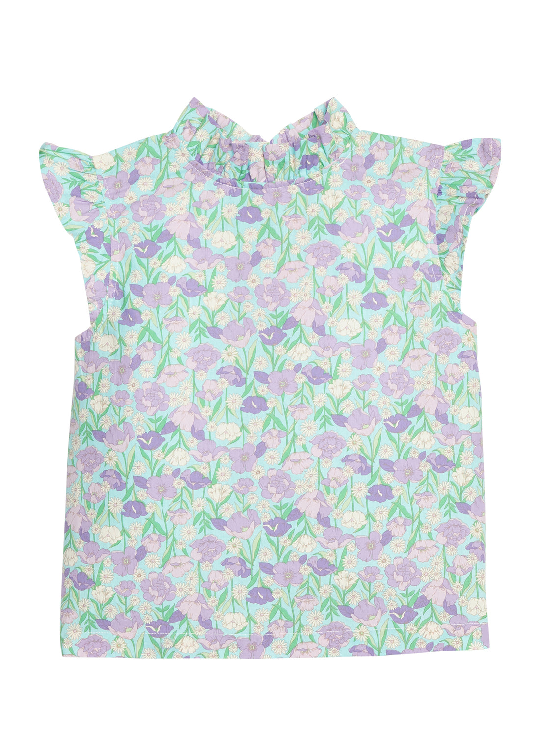 BISBY girl woven top in a aqua/green/purple floral print. Top features a ruffle neckline, angel sleeves, and three button closure at back of neckline. 