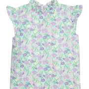 BISBY girl woven top in a aqua/green/purple floral print. Top features a ruffle neckline, angel sleeves, and three button closure at back of neckline. 