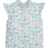 BISBY girl woven top in a aqua/green/purple floral print. Top features a ruffle neckline, angel sleeves, and three button closure at back of neckline. 