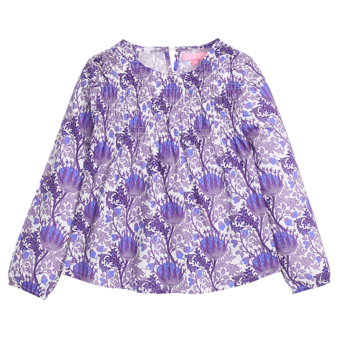 Tween girls woven top that features a button closure at back of neckline, ruching across bust, and elastic cuffs at sleeves for a relaxed but secure fit. Top is also in a beautiful blue/purple/white floral print. 