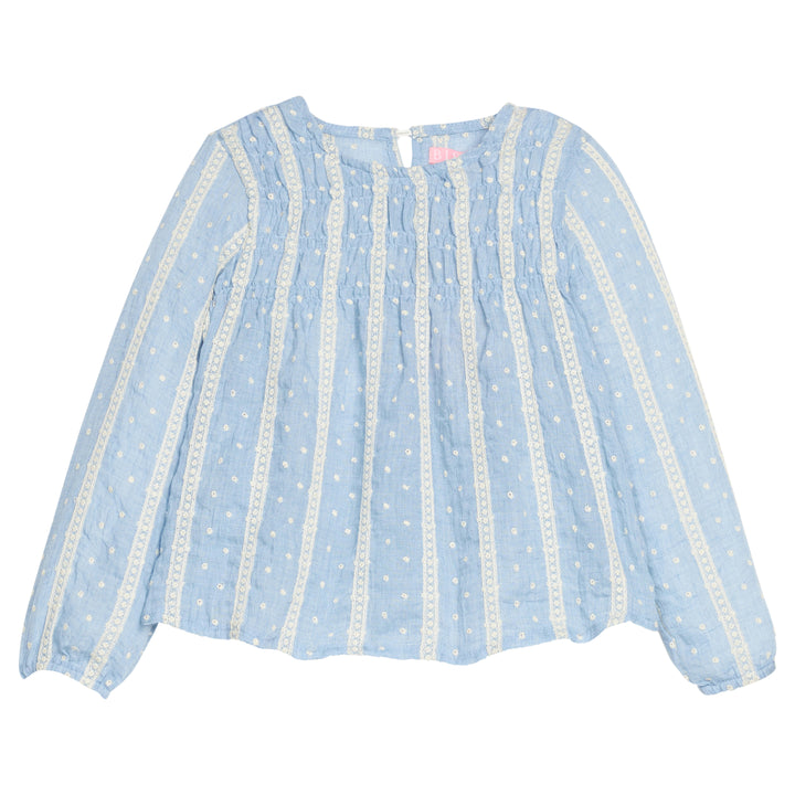 Girls light blue blouse with white embroidery dots and trim on a white background