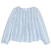Girls light blue blouse with white embroidery dots and trim on a white background