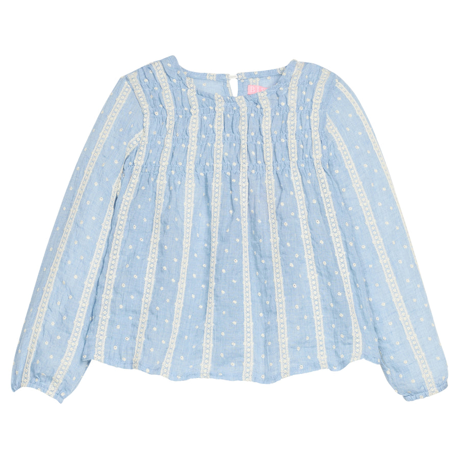 Girls light blue blouse with white embroidery dots and trim on a white background