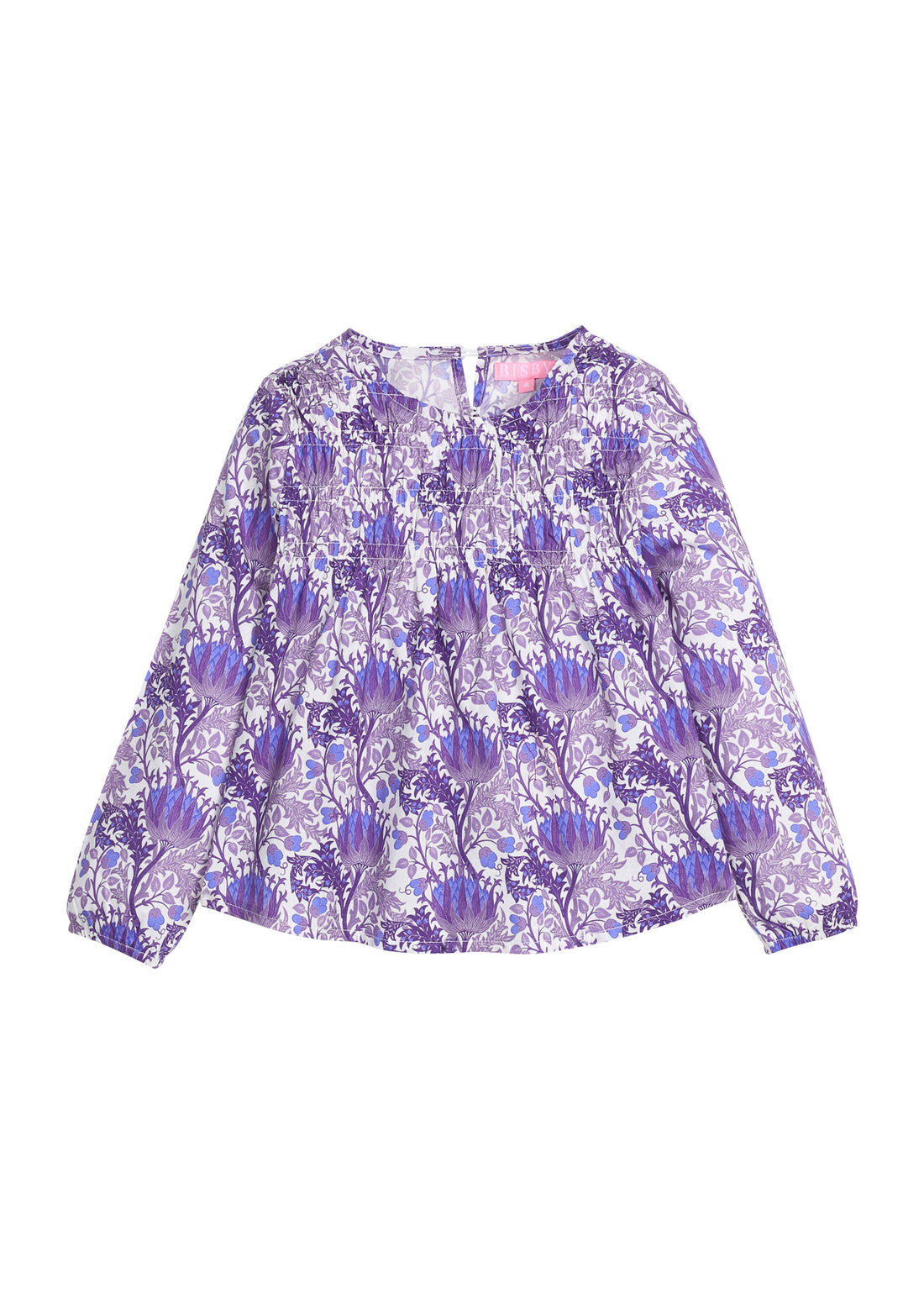 Tween girls woven top that features a button closure at back of neckline, ruching across bust, and elastic cuffs at sleeves for a relaxed but secure fit. Top is also in a beautiful blue/purple/white floral print. 