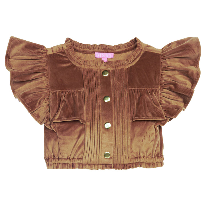 Brown velvet top with ruffled sleeves on a white background