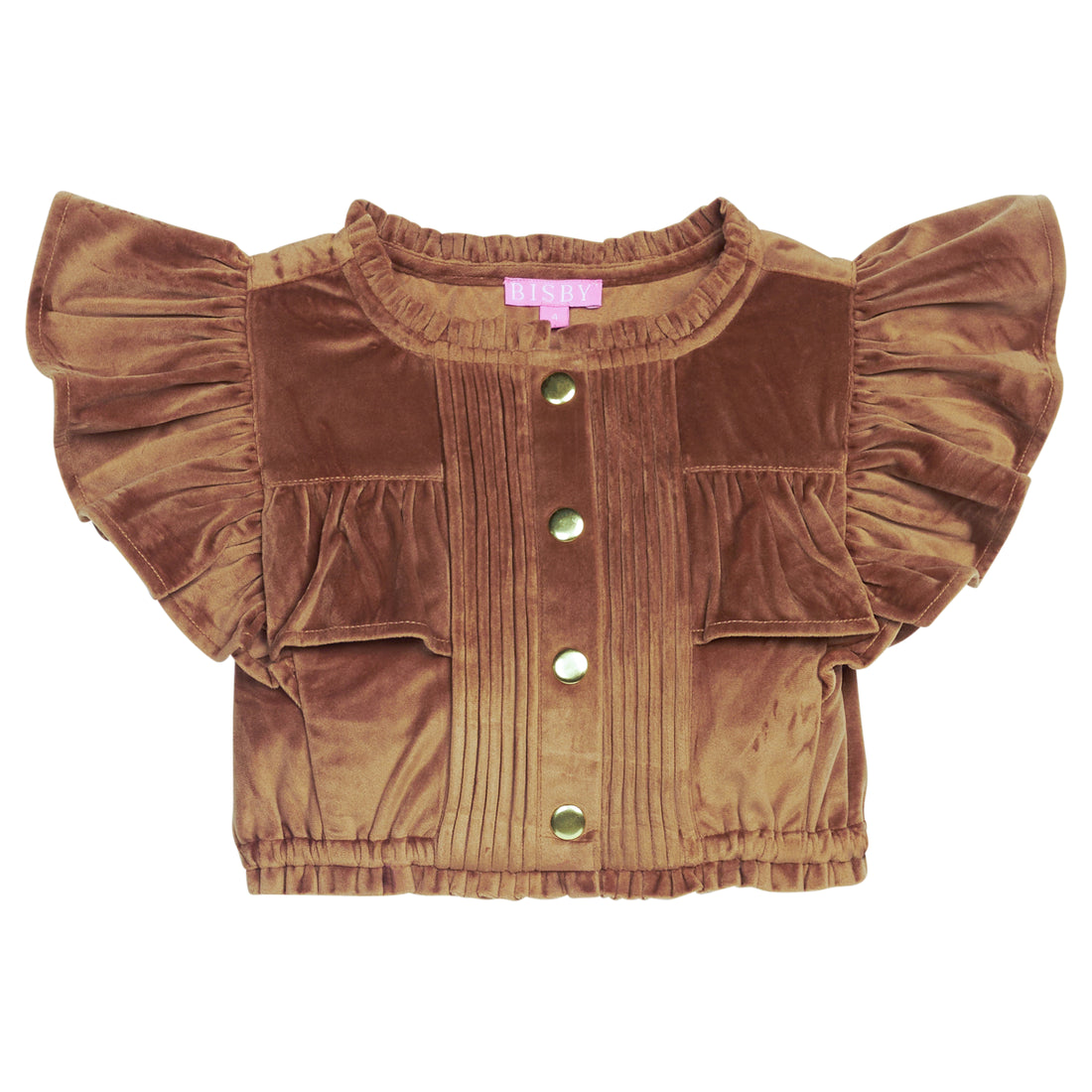 Brown velvet top with ruffled sleeves on a white background