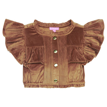 Brown velvet top with ruffled sleeves on a white background