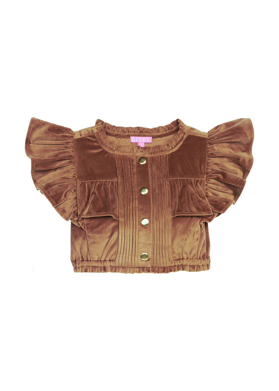 Brown velvet top with ruffled sleeves on a white background