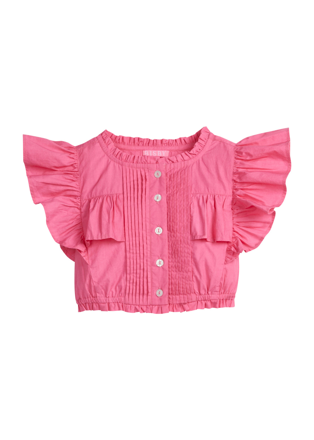 Girls/Tween lightweight woven top in hot pink featuring button closures along the front, angel sleeves, and gathering detail for an elevated spring look.