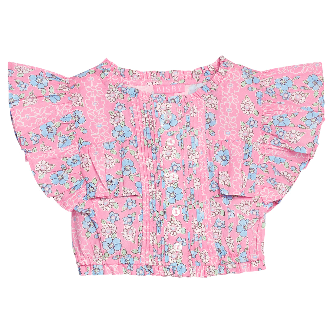 BISBY girl woven top in a pink/blue floral print. Top features button closures down the front of shirt, angel flutter sleeves, and is slightly cropped for an elevated but secure look. 
