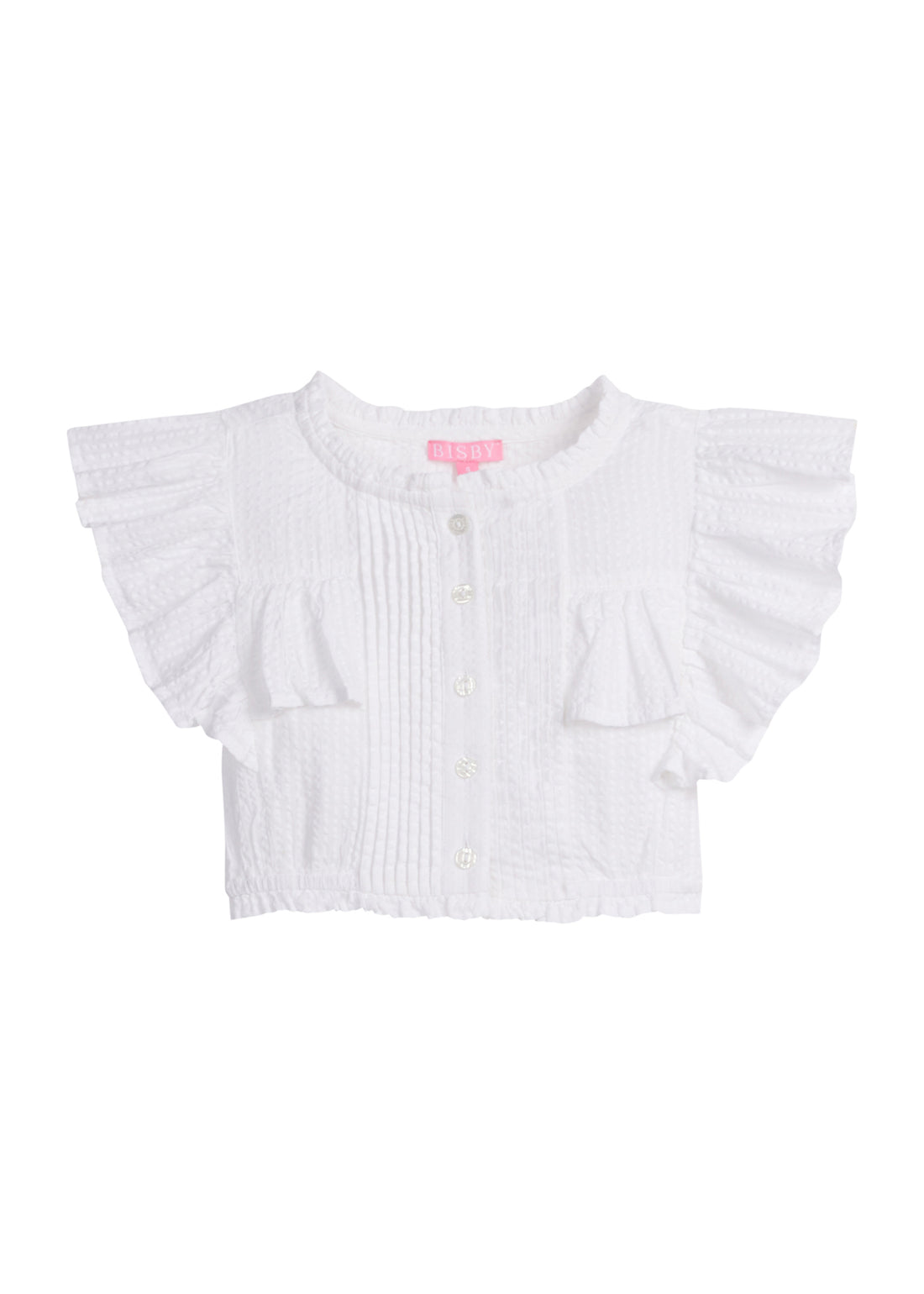 Girls/Tween lightweight woven top in a white seersucker fabric featuring button closures along the front, angel sleeves, and gathering detail for an elevated spring look.