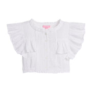 Girls/Tween lightweight woven top in a white seersucker fabric featuring button closures along the front, angel sleeves, and gathering detail for an elevated spring look.