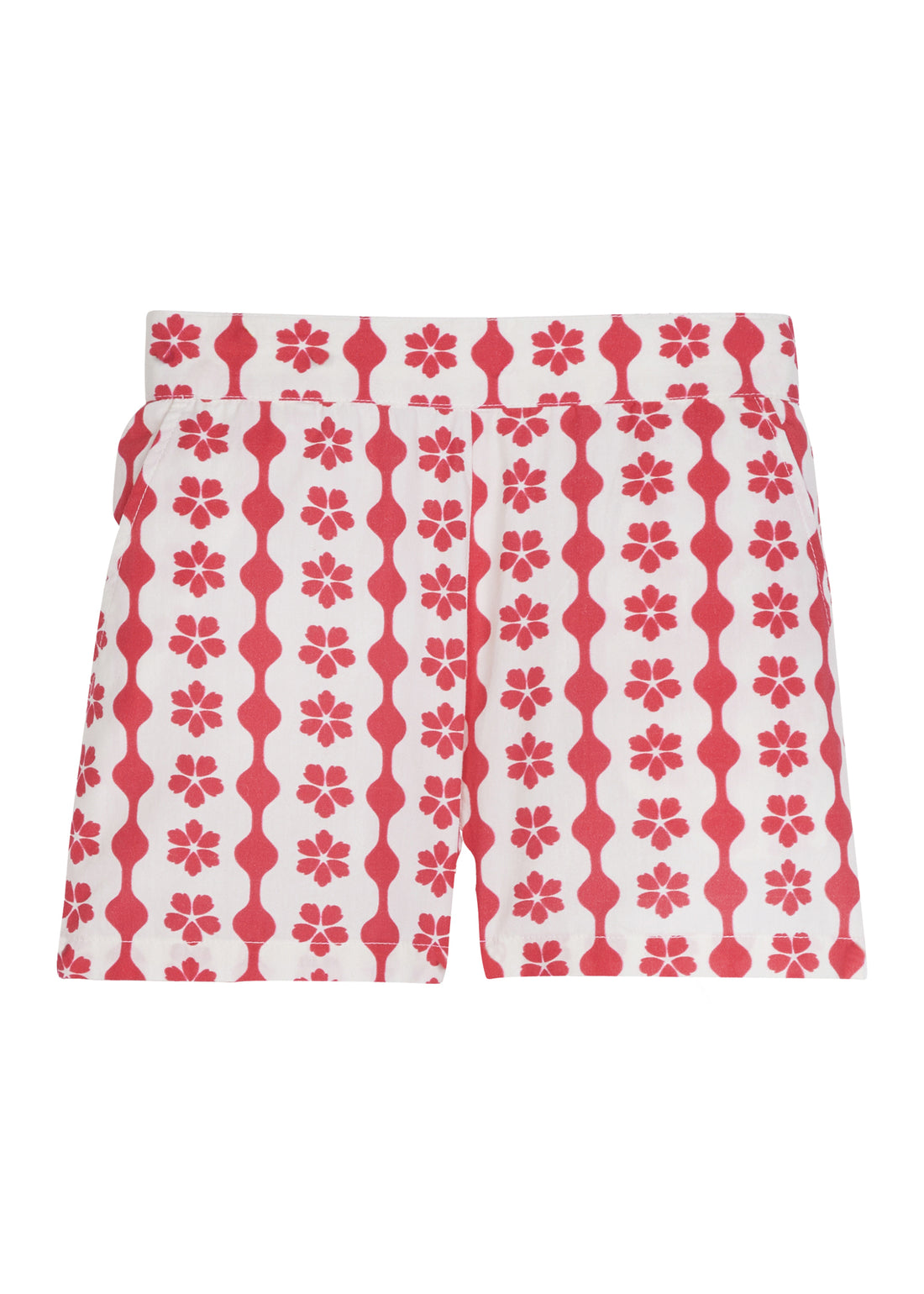 tween girls shorts in a raspberry floral and geometric pattern