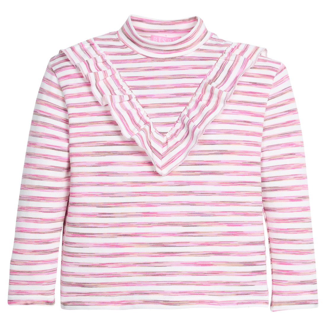 Girls pink and white striped long-sleeve top with ruffled collar.