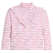 Girls pink and white striped long-sleeve top with ruffled collar.