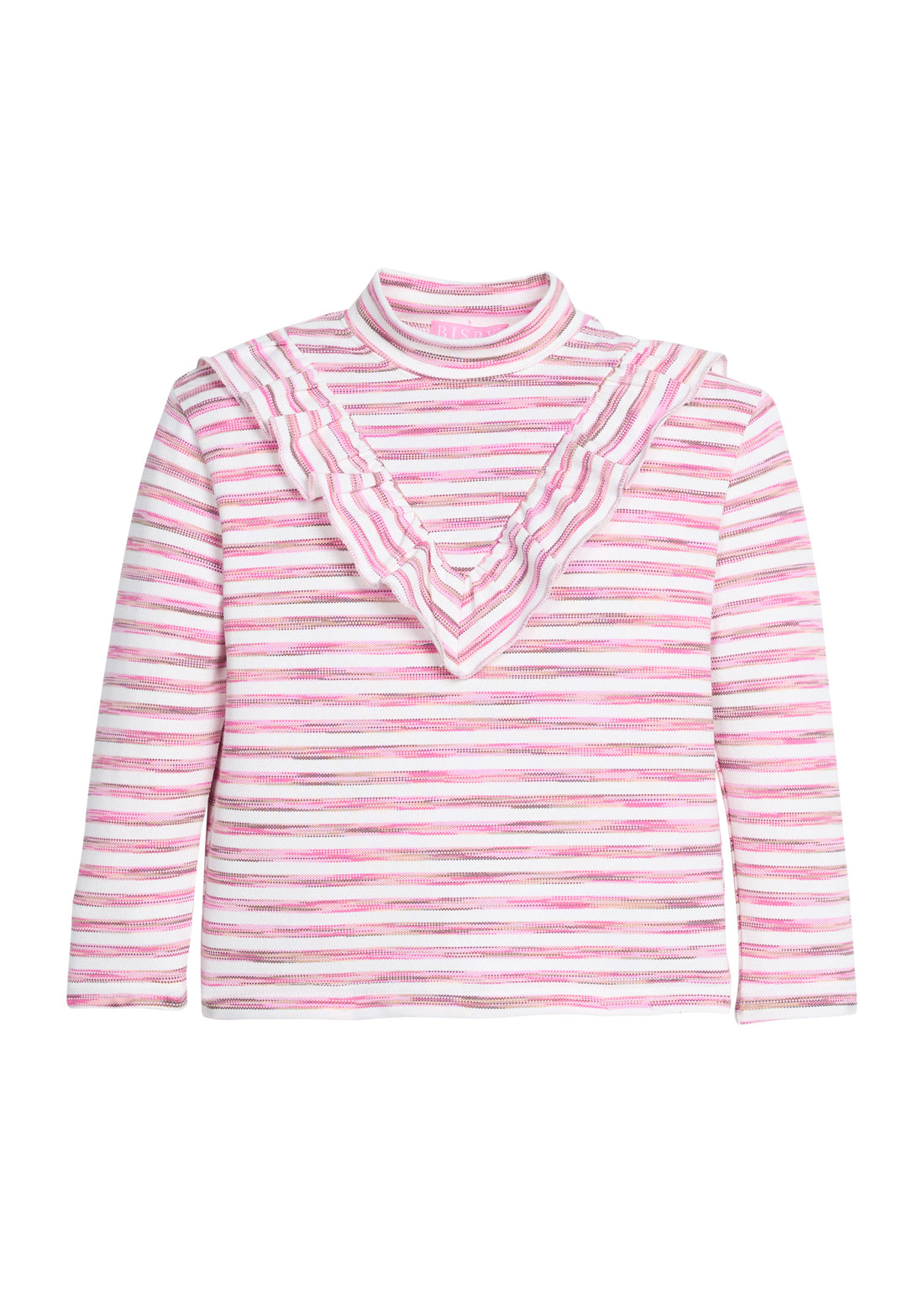 Girls pink and white striped long-sleeve top with ruffled collar.