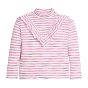 Girls pink and white striped long-sleeve top with ruffled collar.