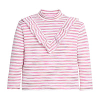Girls pink and white striped long-sleeve top with ruffled collar.