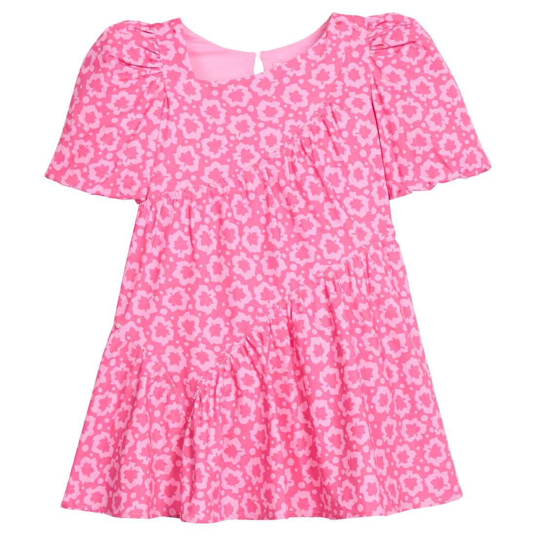 Pink "maple leaf" floral dress that features a button closure on back of neckline and asymmetrical pleating detail across body of dress. 